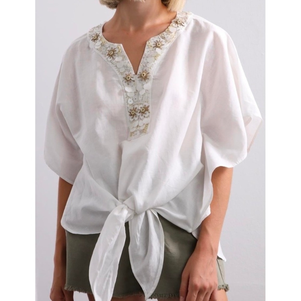 Chico's Tie Front Top XL 3 Alabaster White Linen Blend Popover Embellished #814